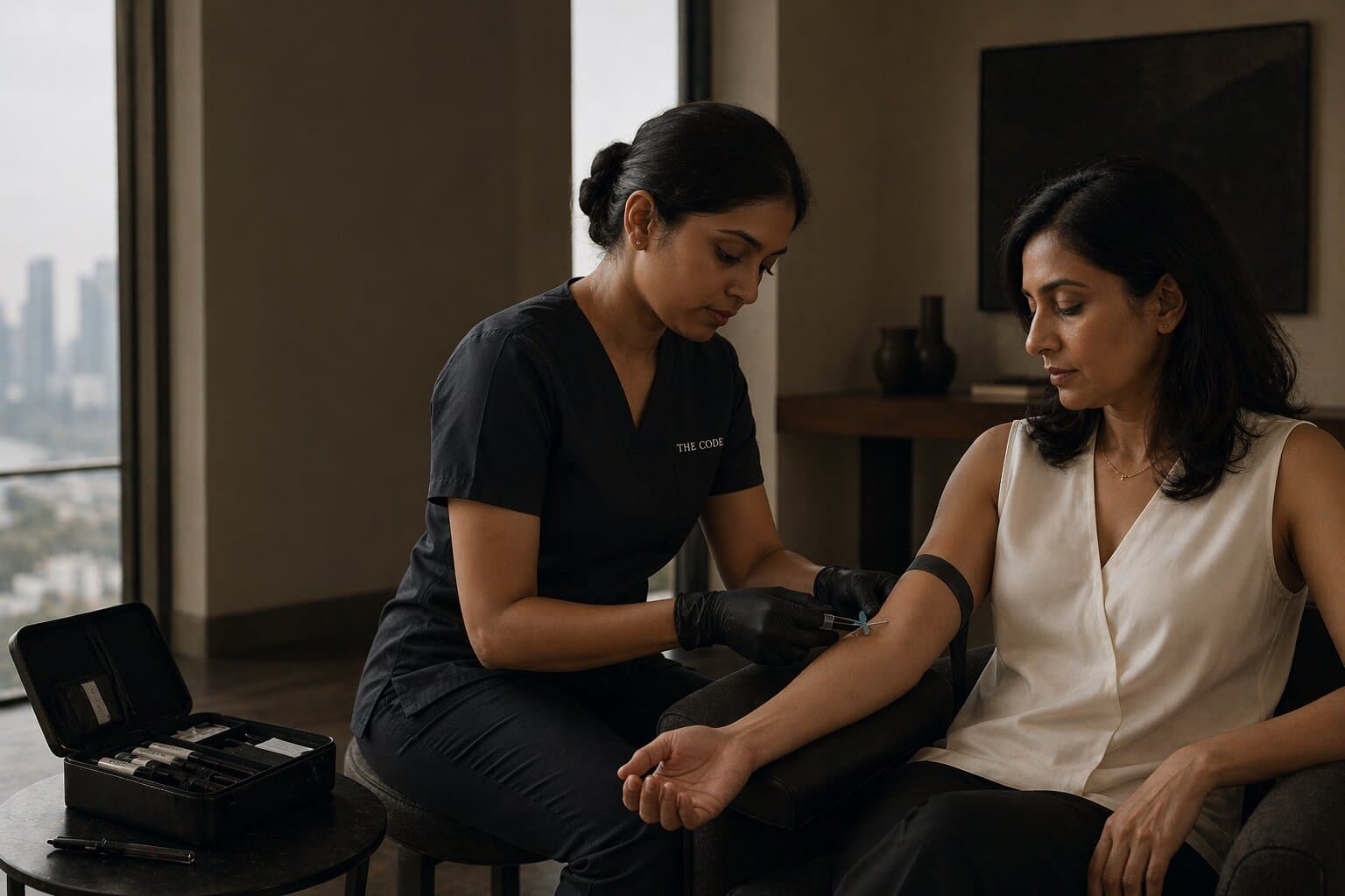 A phlebotomist collecting a blood sample from a member at home in Mumbai.
